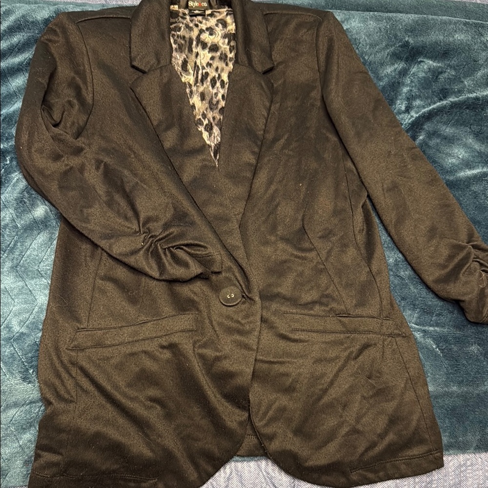 Style & Co Black Blazer with Classic Lapel and Animal Print Lining